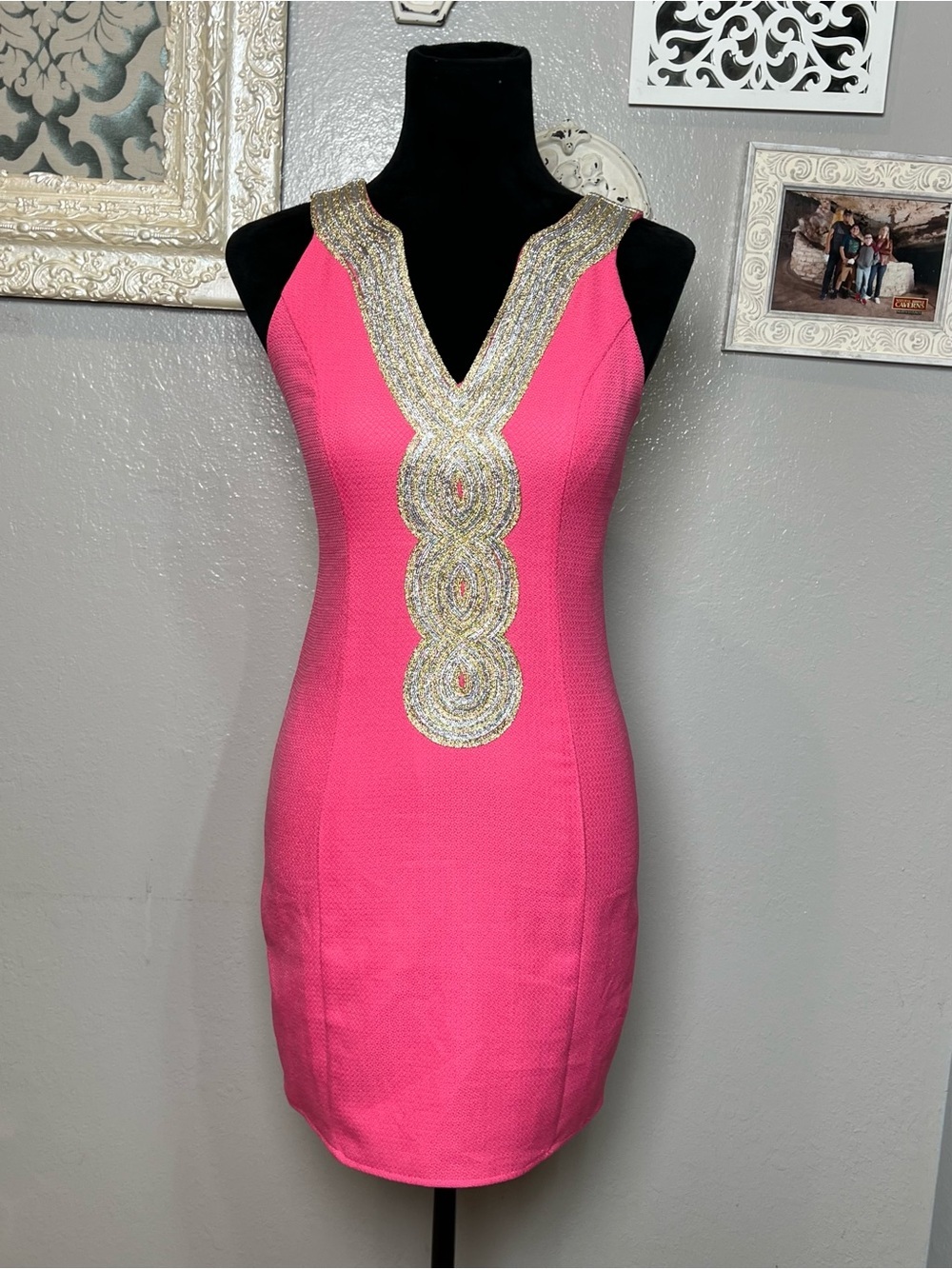 Pink Lily Hot Pink Beaded V-Neck Mini Dress